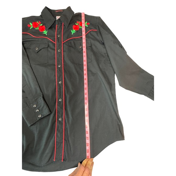 VTG Ely Diamond Western Shirt Black American Rose Embroidered Snap Size Large - Picture 2 of 8